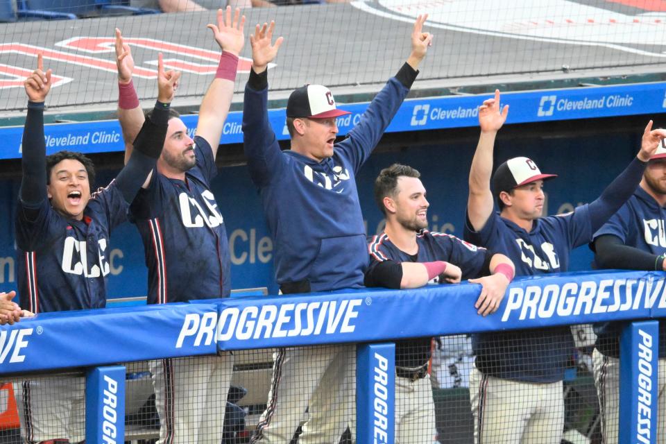 The Cleveland Guardians celebrate a solo home run by Josh Naylor (not pictured) in the second inning against the Minnesota Twins on Wednesday at Progressive Field.