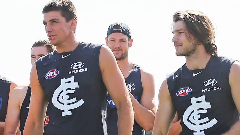 Matthew Kruezer and Bryce Gibbs at Carlton in 2015. (Photo by Scott Barbour/Getty Images)