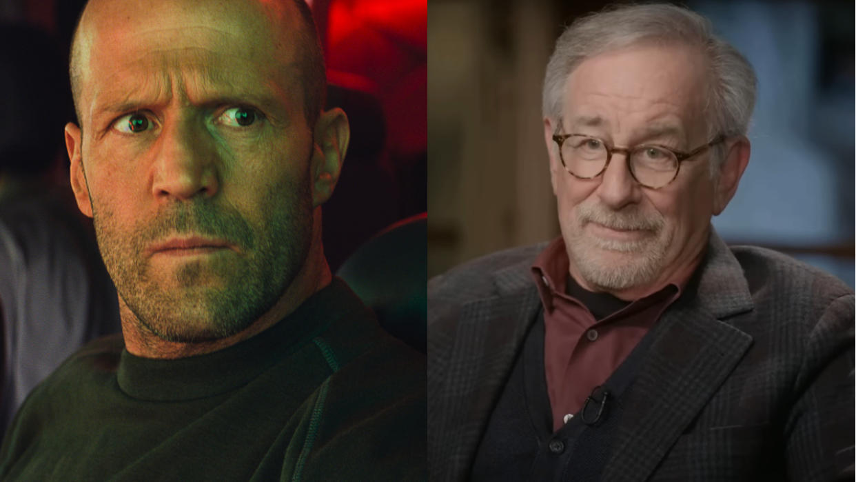  Jason Statham in Meg 2: The Trench and Steven Spielberg on The Late Show with Stephen Colbert, pictured side by side. 