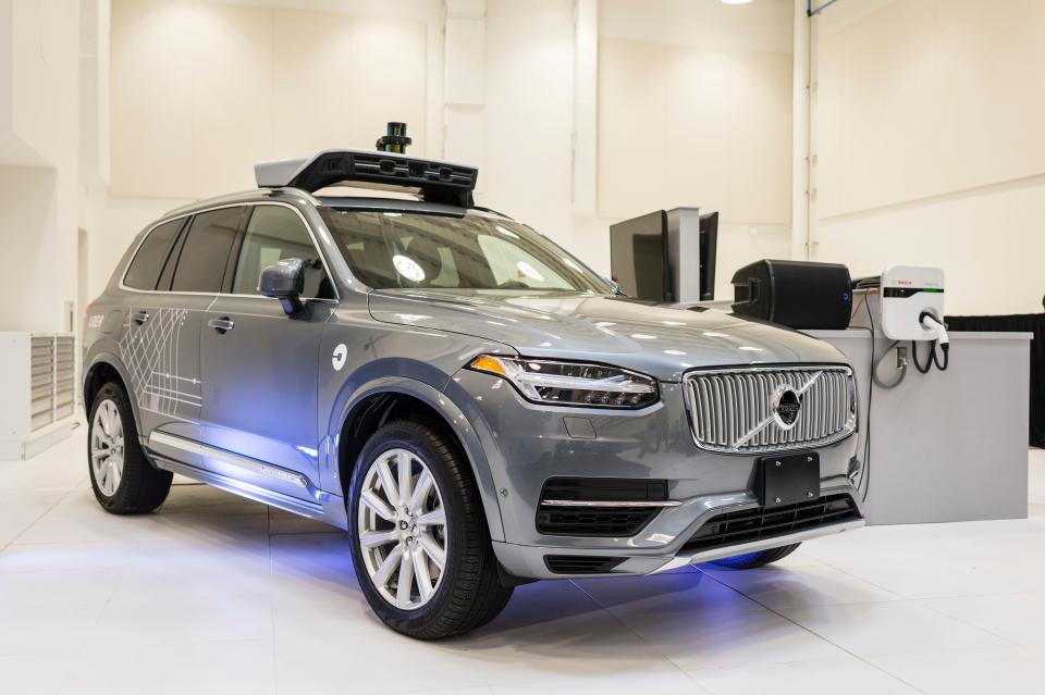 Uber's self-driving vehicles are topped with rotating sensors. This pilot model is displayed at the Uber Advanced Technologies Center in Pittsburgh in September 2016.