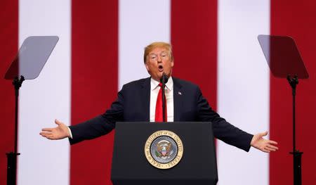 U.S. President Donald Trump speaks at a rally in support of Rep. Kevin Cramer's run for Senate in Fargo, North Dakota, U.S. June 27, 2018. REUTERS/Kevin Lamarque