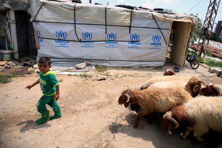 A Syrian refugee boy walks at a refugee camp in Zahrani town, southern Lebanon June 13, 2018. REUTERS/Ali Hashisho