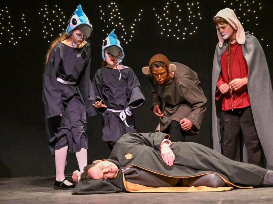 The cast of Enchanted Playhouse's production of “Magician’s Nephew” rehearse Monday, February 20, 2023 at the Fox Theater.