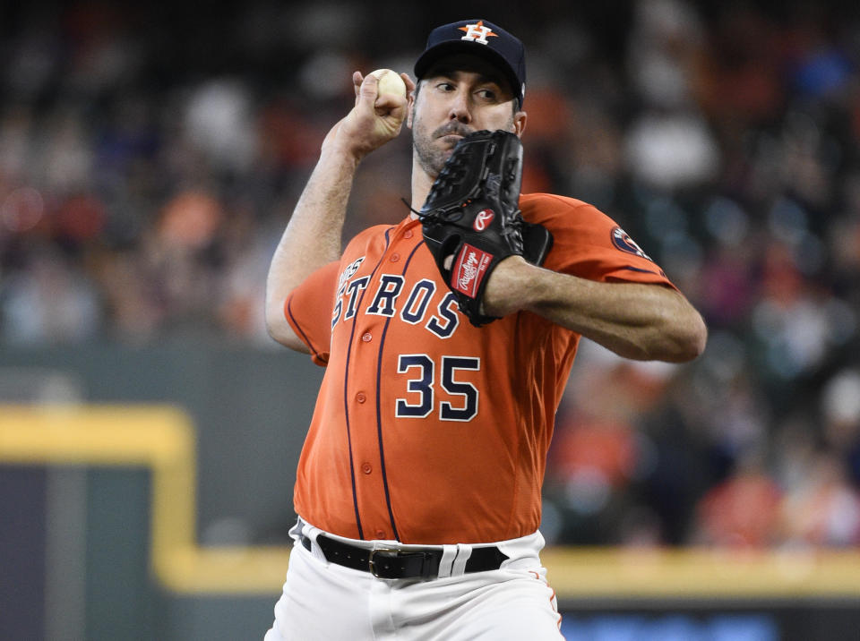 Houston Astros starting pitcher Justin Verlander delivers during the first inning of a baseball game against the Los Angeles Angels, Sunday, Sept. 22, 2019, in Houston. (AP Photo/Eric Christian Smith)