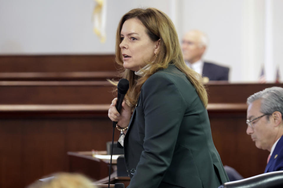 Republican Sen. Vickie Sawyer speaks, Tuesday, May 16, 2023, in Raleigh, N.C., as state legislators debate whether to override Democratic Gov. Roy Cooper's veto of a bill that would change the state's ban on nearly all abortions from those after 20 weeks of pregnancy to those after 12 weeks of pregnancy. Both the Senate and House had to complete successful override votes for the measure to be enacted into law. The Senate voted to override the veto. (AP Photo/Chris Seward)