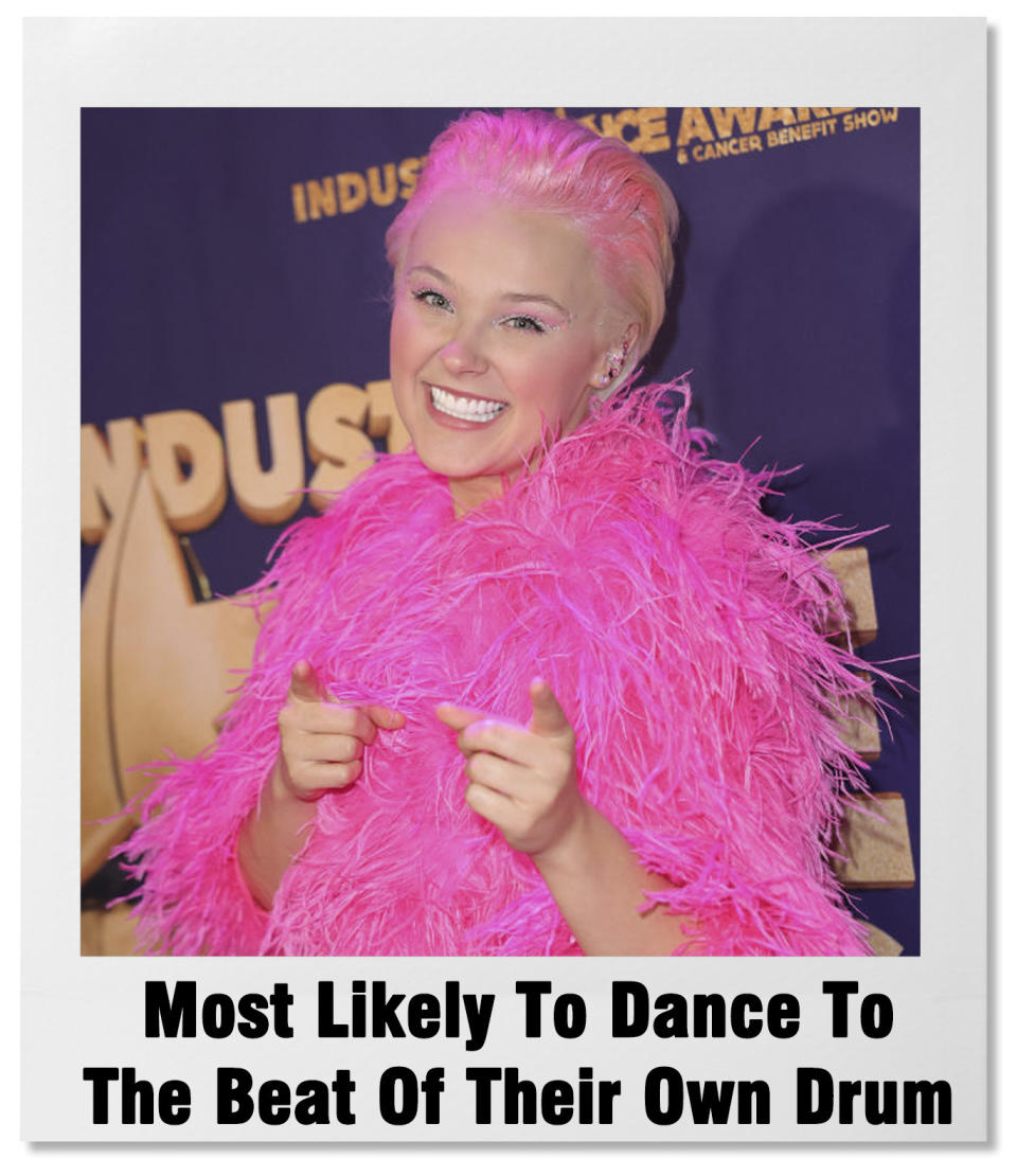 jojo siwa with text 'most likely to dance to the beat of their own drum'