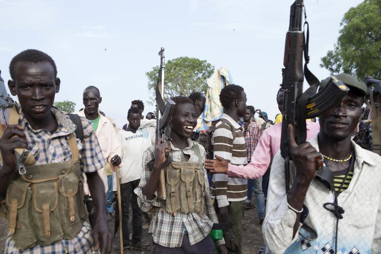 Members of the White Army, a South Sudanese anti-government militia, attend a rally in Nasir on April 14, 2014