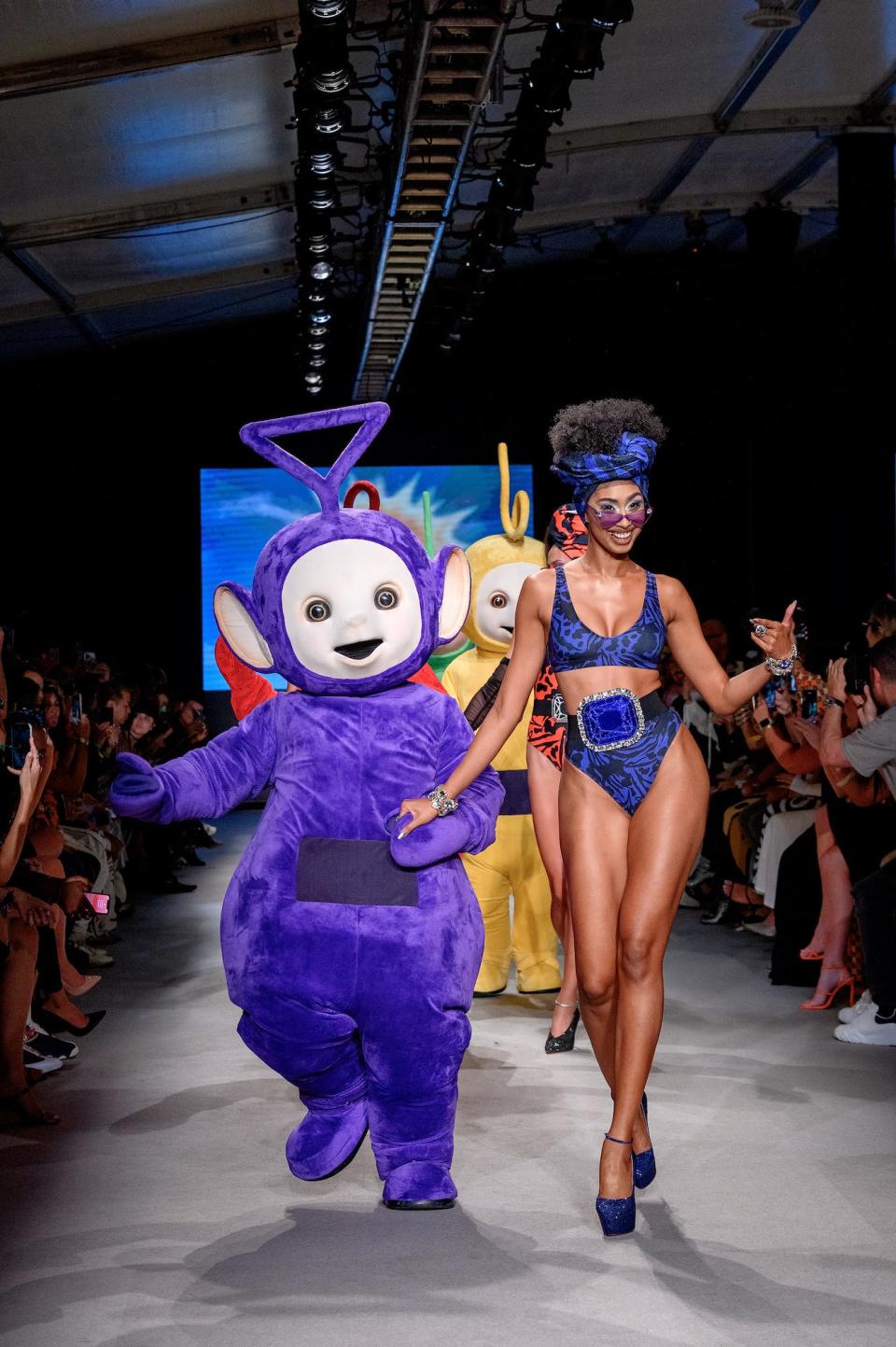 Tinky Winky and a model for The Blonds walk the runway during Miami Swim Week 2023.