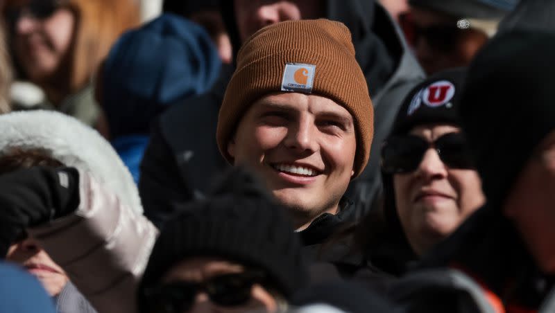 New York Jets quarterback and former BYU great Zach Wilson watches as his brother, Corner Canyon quarterback Isaac Wilson, plays in a 6A football semifinal against Farmington at Rice-Eccles Stadium in Salt Lake City on Thursday, Nov. 10, 2022. On Wednesday night, Isaac Wilson committed to the University of Utah.