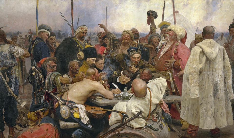 Lhuisset's artwork is a homage to "Zaporozhia Cossacks Reply to the Turkish Sultan" by Ilya Repin.