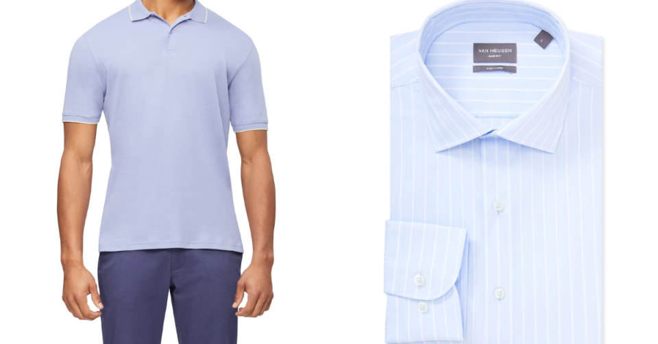 A blue polo shirt on a man, and a blue pin-striped shirt from Van Heusen