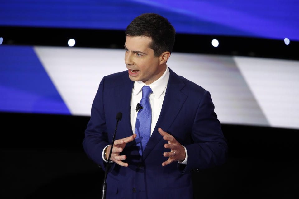 Democratic presidential candidate former South Bend Mayor Pete Buttigieg speaks Tuesday, Jan. 14, 2020, during a Democratic presidential primary debate hosted by CNN and the Des Moines Register in Des Moines, Iowa. (AP Photo/Patrick Semansky)