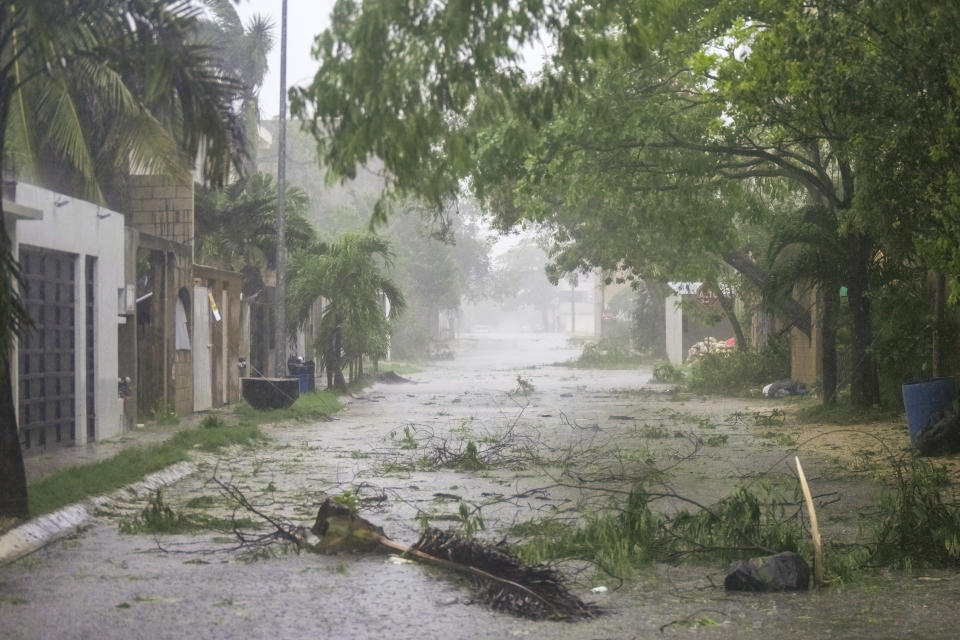 Ramas cubren una calle durante el paso del huracán Beryl, el viernes 5 de julio de 2024, en Tulum, México. (AP Foto/Fernando Llano)