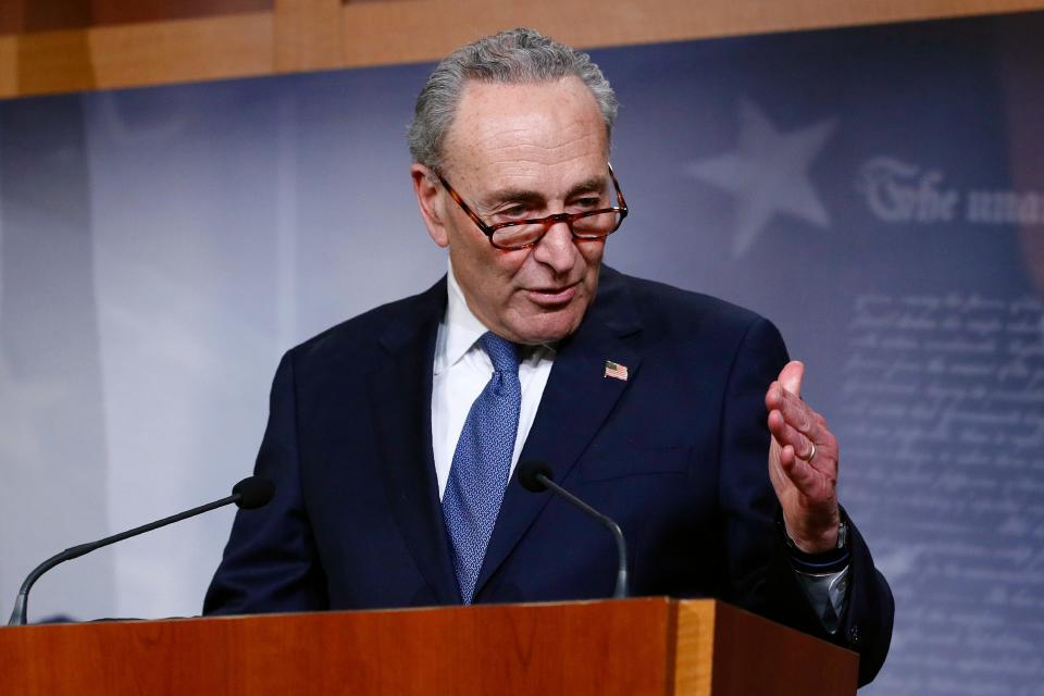 Senate Minority Leader Sen. Chuck Schumer of N.Y., speaks with reporters after the Senate approved a nearly $500 billion coronavirus aid bill, April 21, 2020, on Capitol Hill in Washington.