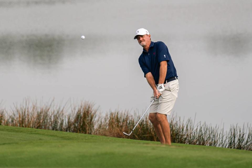 Team USA’s Jerry Kelly hits a pitch shot during a practice round for the World Champions Cup at the Concession Golf Club in East Manatee on Wednesday, Dec. 6, 2023.