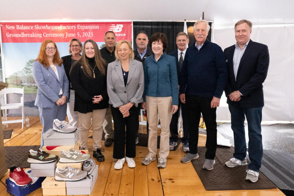 New Balance executives and Maine stakeholders at the Maine factory expansion groundbreaking ceremony on June 5, 2023.
