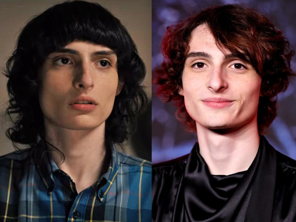 A side by side image of Finn Wolfhard (a teenage boy with dark, curly hair) in "Stranger Things" and at a Netflix premiere.