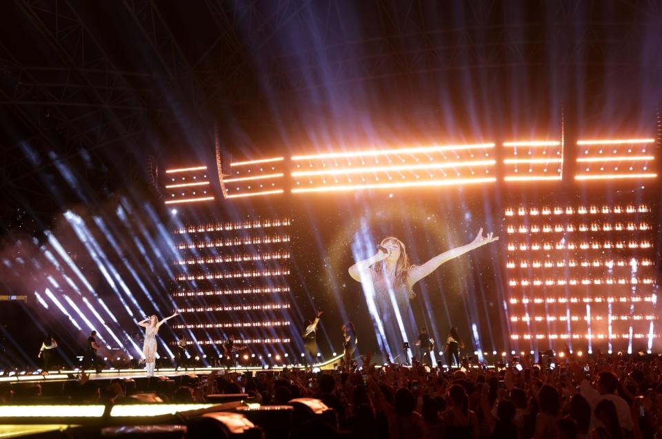 Taylor Swift performs during "Taylor Swift | The Eras Tour" at the National Stadium on March 02, 2024 in Singapore