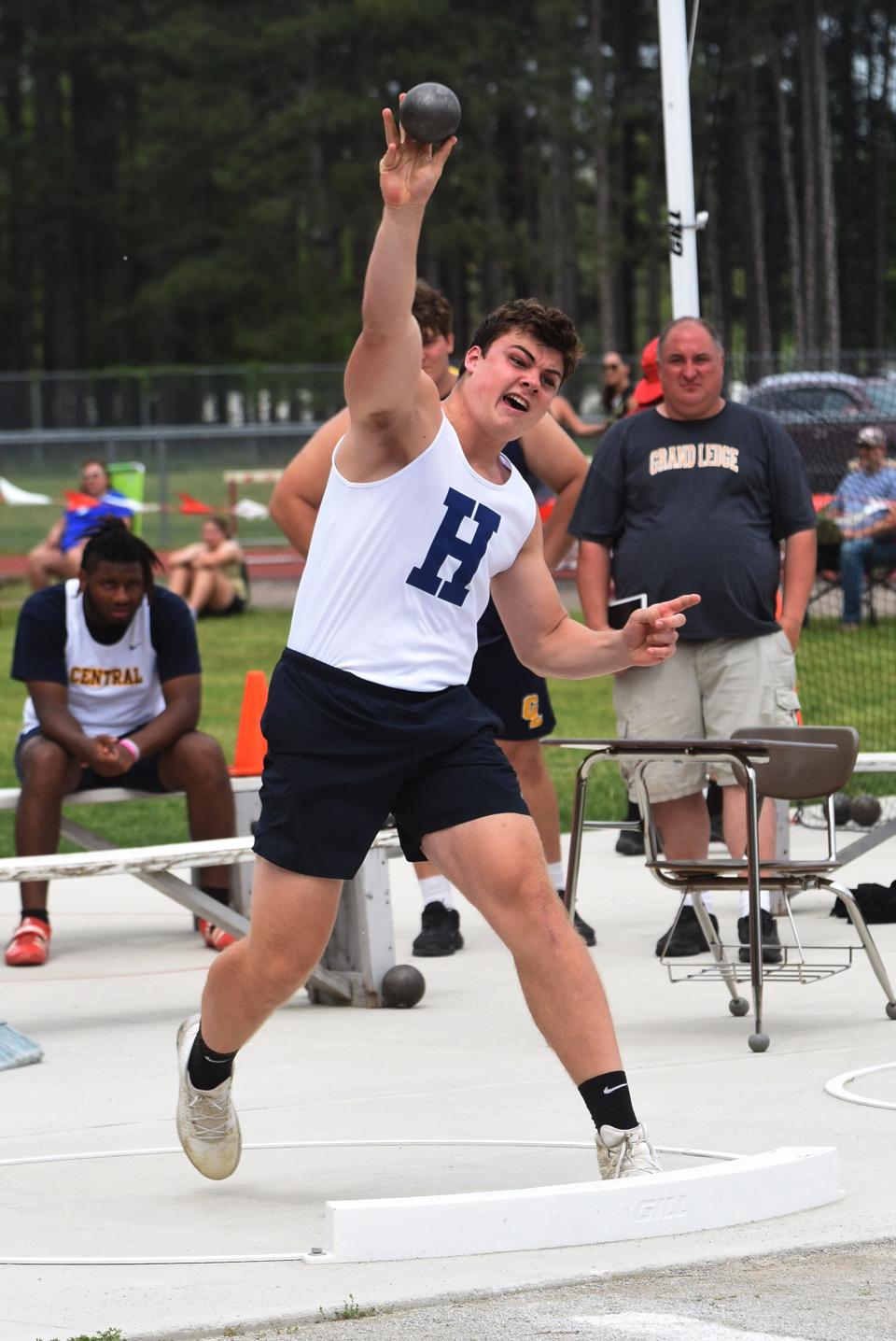 Hartland's Jaxson Wilson won the shot put at the Division 1 regional track and field meet at Milford on Friday, May 20, 2022.