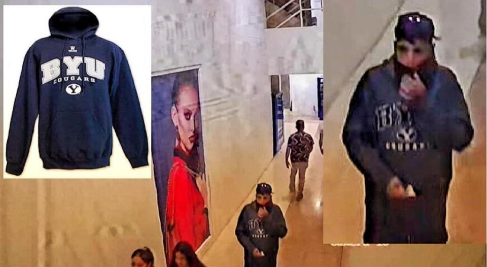 A 19-year-old man was arrested on Friday, a day after Chihuahua state police released these security camera images of the bombing suspect, wearing a BYU Cougars hoodie, walking in a hallway in the Gran Patio Zaragoza shopping mall in Juárez.