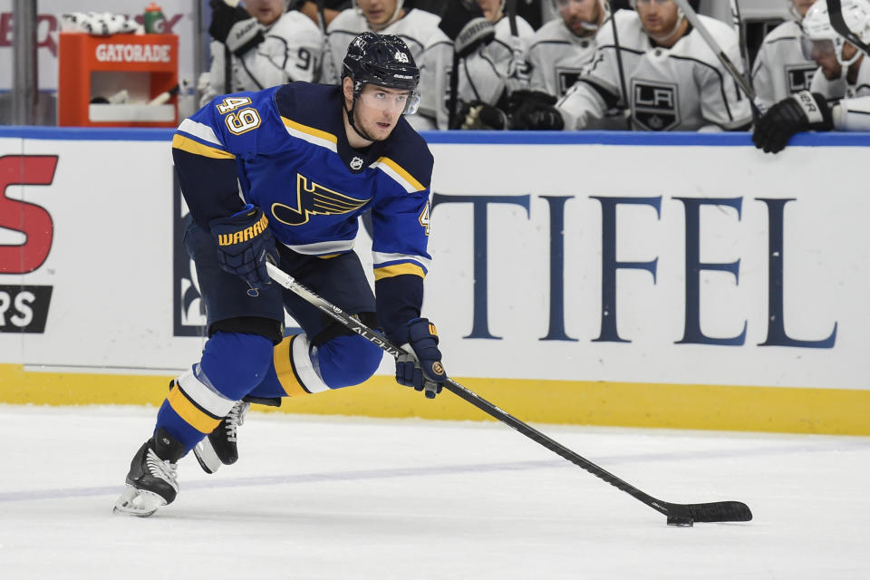 FILE - St. Louis Blues' Ivan Barbashev (49) handles the puck against the Los Angeles Kings during the first period of an NHL hockey game in Los Angeles, in this Sunday, Jan. 24, 2021, file photo. The banged-up St. Louis Blues got more bad injury news Tuesday, Feb. 23, 2021, with word that defenseman Carl Gunnarsson won't play again this season and forward Ivan Barbashev is out at least six weeks.(AP Photo/Joe Puetz, File)