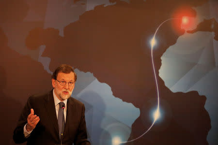 Spanish Prime Minister Mariano Rajoy speaks during the ceremony for the EllaLink undersea telecommunications cable between Brazil and Spain in Sao Paulo, Brazil, April 24, 2017. REUTERS/Nacho Doce