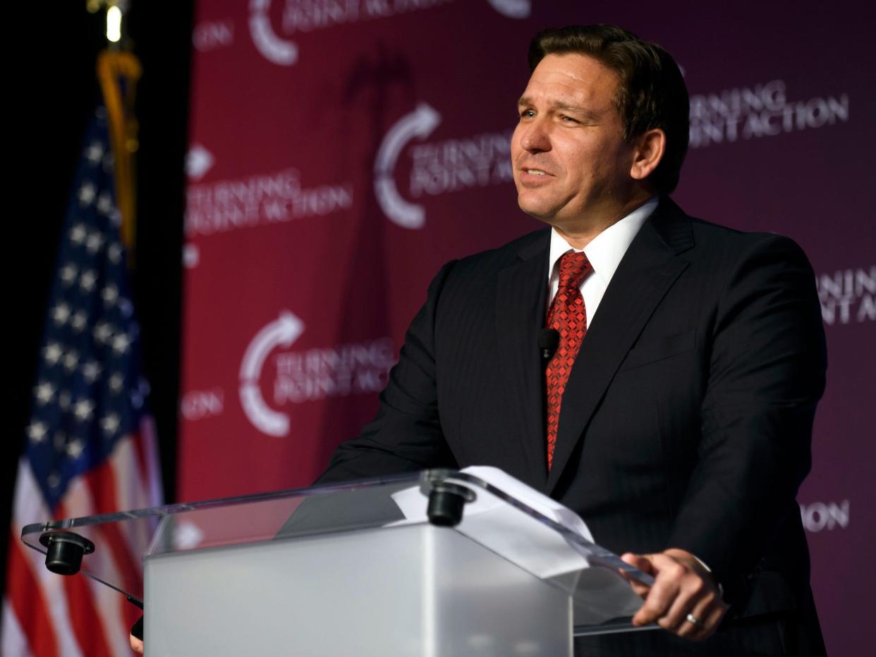 Florida Gov. Ron DeSantis speaks at the Unite and Win Rally in support of Pennsylvania Republican gubernatorial candidate Doug Mastriano at the Wyndham Hotel on August 19, 2022 in Pittsburgh, Pennsylvania. During his visit to the state, DeSantis urged Republican voters to stand behind Doug Mastriano.