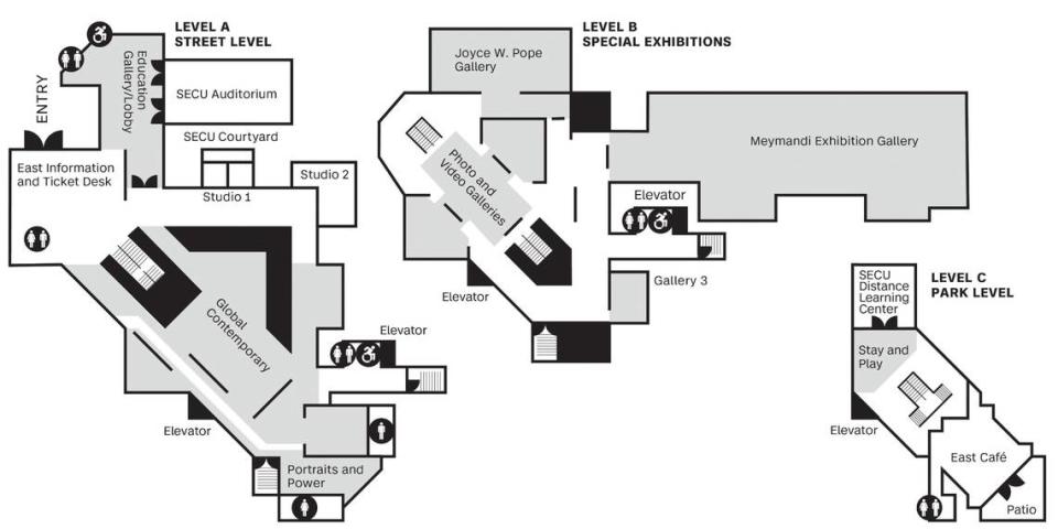 A map of the N.C. Museum of Art’s East Building, which houses a mix of permanent galleries and visiting exhibitions.