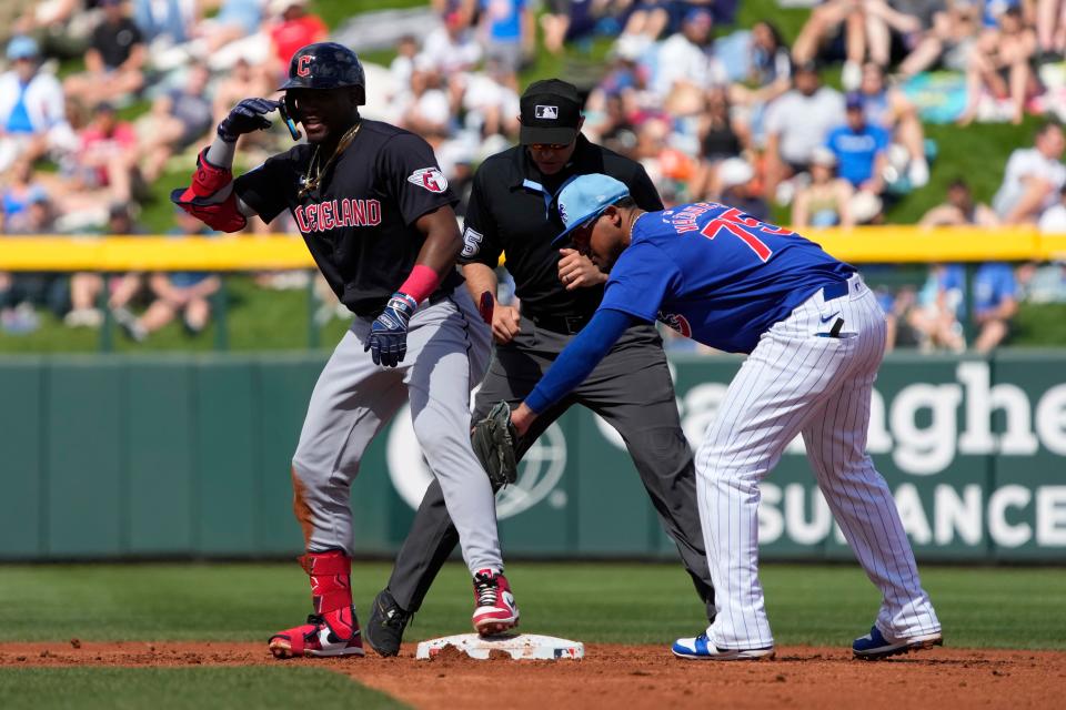 The Cleveland Guardians' Angel Martinez reacts after hitting a double against the Chicago Cubs on March 3 at Sloan Park.