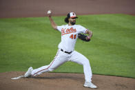 Baltimore Orioles starting pitcher Jorge Lopez (48) throws during the first inning of baseball game Boston Red Sox, Monday, May 10, 2021, in Baltimore. (AP Photo/Terrance Williams)