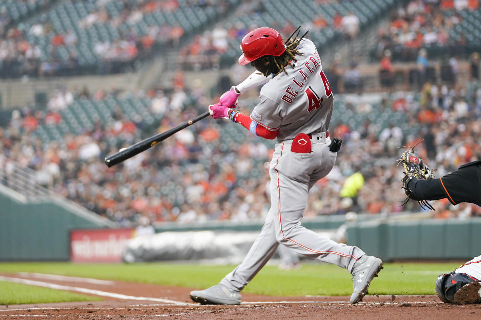 Cincinnati Reds' Elly De La Cruz connects for an RBI single to score TJ Friedl in the first inning of a baseball game against the Baltimore Orioles, Wednesday, June 28, 2023, in Baltimore. (AP Photo/Julio Cortez)