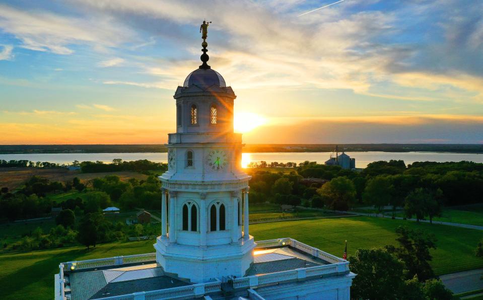 The Nauvoo Illinois Temple is pictured at sunset in Nauvoo, Illinois.