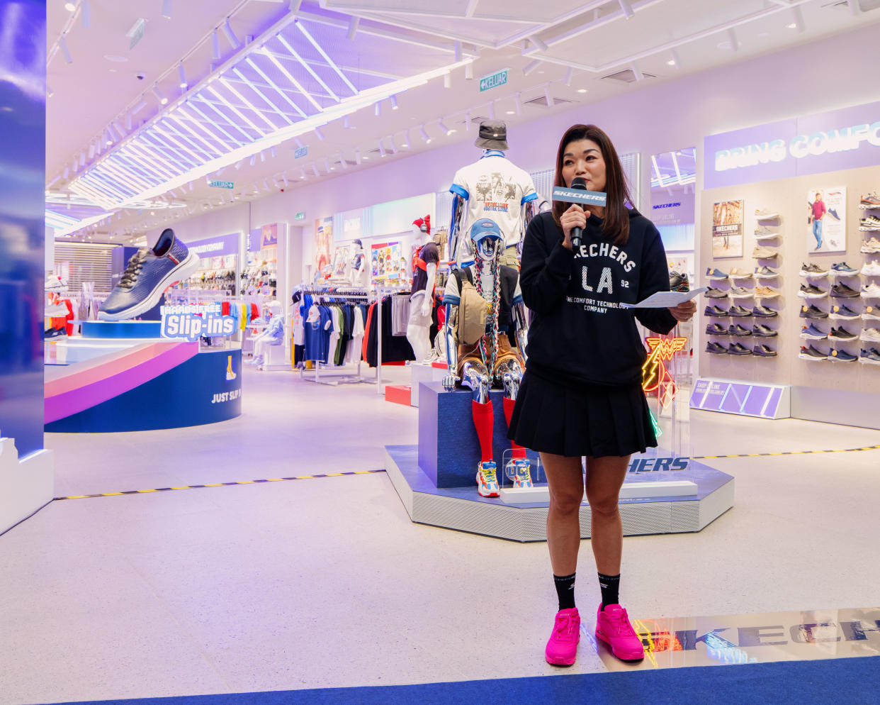 Zann Lee giving a speech during the grand opening of Skechers The Exchange TRX in Kuala Lumpur, Malaysia. (PHOTO: Skechers)