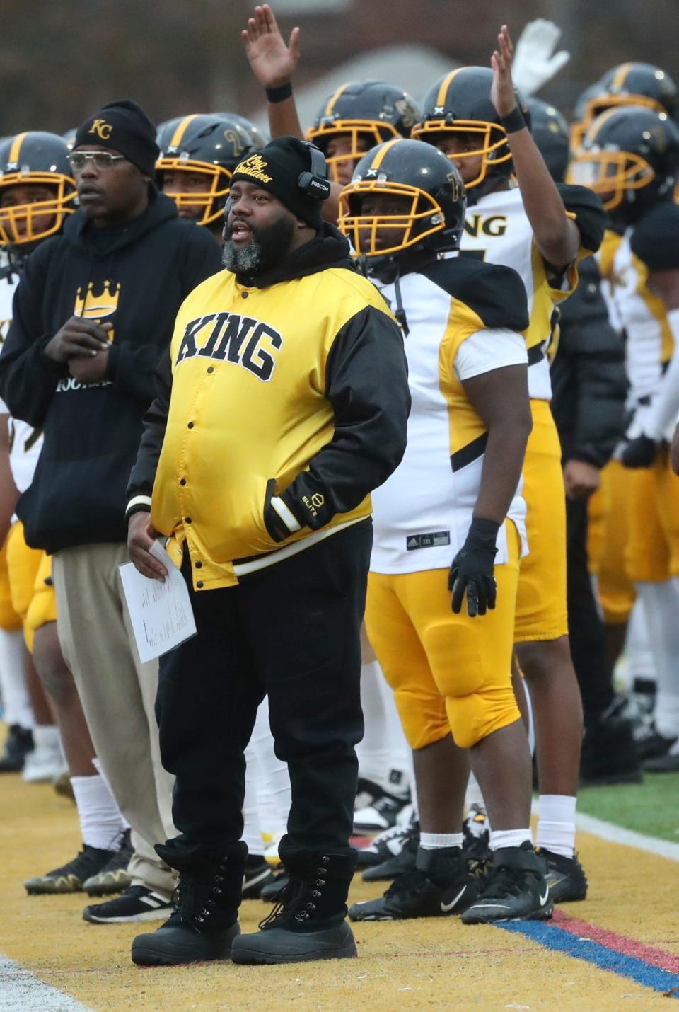 Detroit King head coach Tyrone Spencer on the sidelines during action.against Grosse Pointe North at Grosse Pointe North High School on Friday, Nov. 3, 2023.