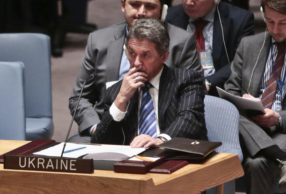 U.N. Ukraine Ambassador Yuriy Sergeyev listens as during a U.N. Security Council meeting on Ukraine, Monday, March 3, 2014 at U.N. headquarters. (AP Photo/Bebeto Matthews)