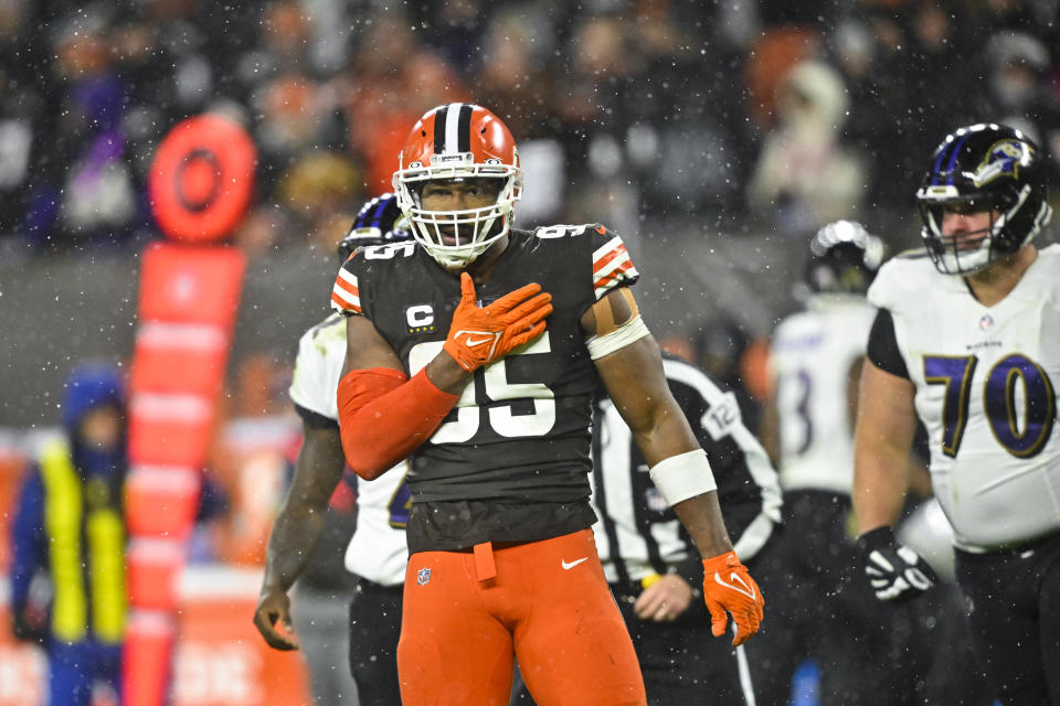 Cleveland Browns defensive end Myles Garrett celebrates after sacking Baltimore Ravens quarterback Tyler Huntley during the second half of an NFL football game, Saturday, Dec. 17, 2022, in Cleveland. (AP Photo/David Richard)