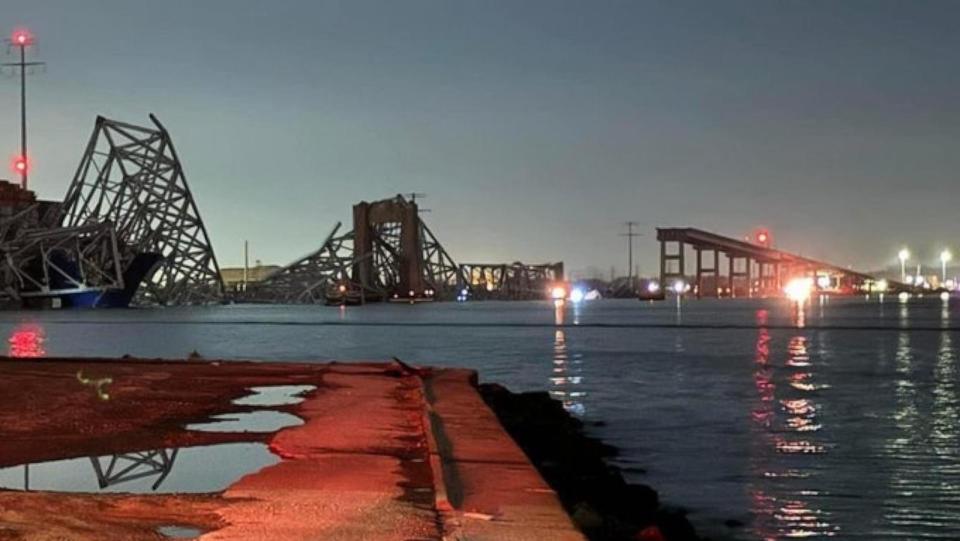 PHOTO: A view of the partially collapsed Francis Scott Key Bridge in Baltimore, Maryland, on March 26, 2024, in a photo supplied by Andrew Doyle. (Andrew Doyle)