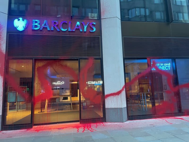 A view of red paint on the Barclays branch building in London