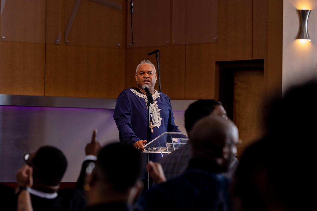 ATLANTA, GA - SUNDAY, FEBRUARY 19, 2023 - Bishop Oliver Clyde Allen III during worship service at Vision Cathedral. (Lynsey Weatherspoon for TODAY)