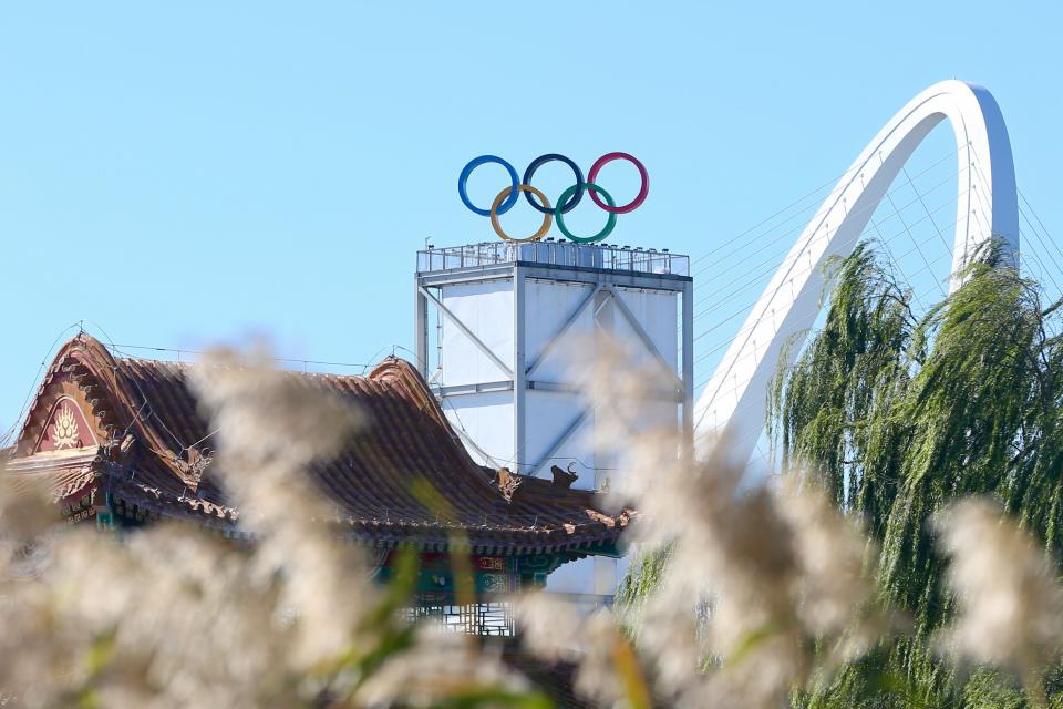 The Olympic rings beside the Big Air Shougang, a venue of Beijing 2022 Winter Olympics.