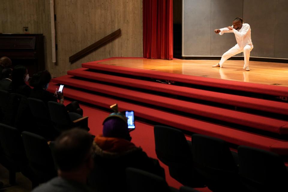 Rodney Riley, of Columbus, performs as part of the Leap of Faith Dance Company’s performance during a Martin Luther King Jr. Day event at the Ohio History Center Monday.
