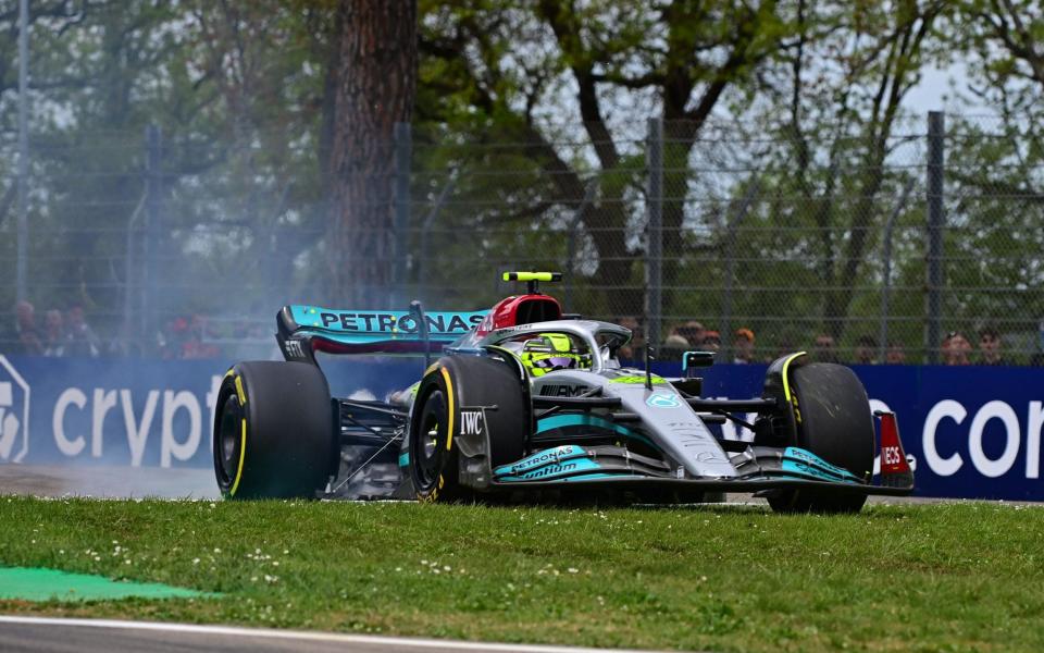 Mercedes' British driver Lewis Hamilton steers onto the verge during the second practice session at the Autodromo Internazionale Enzo e Dino Ferrari race track in Imola, Italy, on April 23, 2022, - AFP