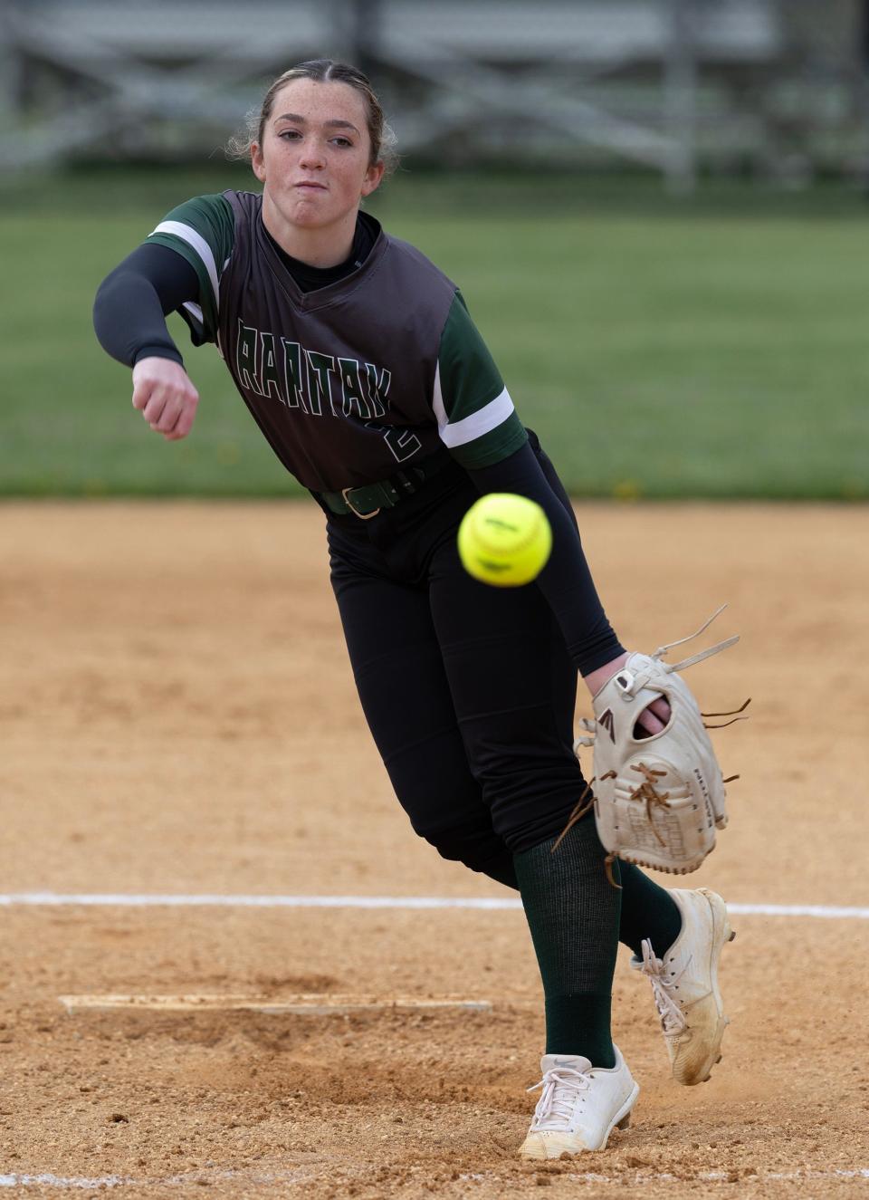 Raritan pitcher Alexa Basile. Raritan Softball defeats Holmdel 5-2 on April 19, 2024 in Holmdel, NJ.