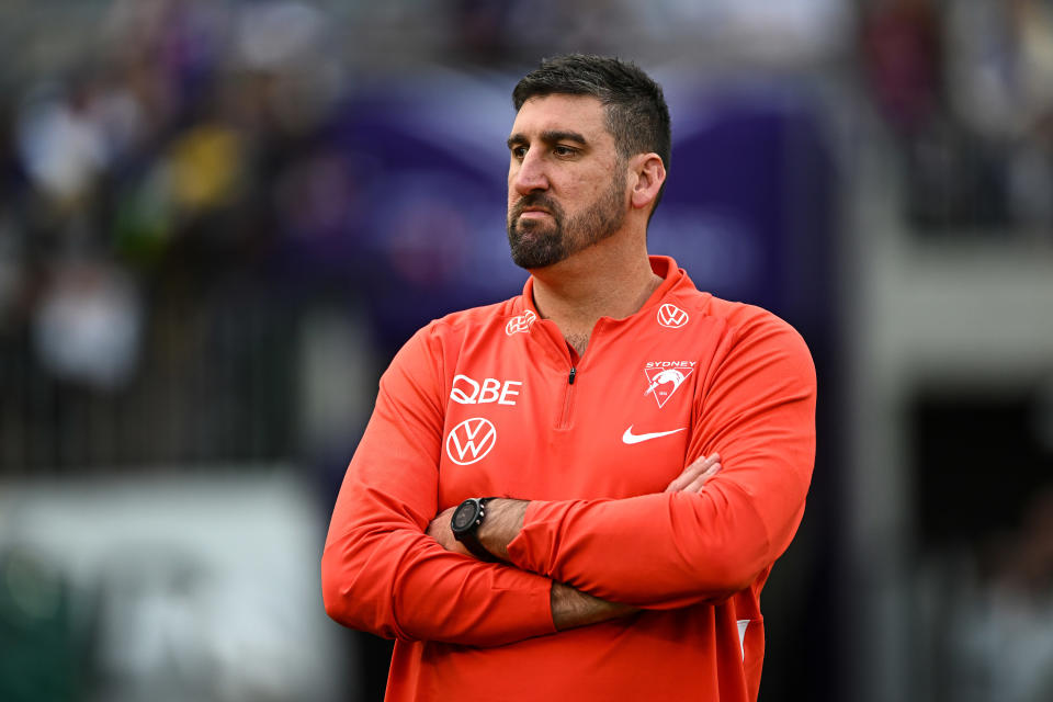 PERTH, AUSTRALIA - JULY 16: Dean Cox, Game Strategy & Ruck Coach of the Swans looks on during the 2022 AFL Round 18 match between the Fremantle Dockers and the Sydney Swans at Optus Stadium on July 16, 2022 in Perth, Australia. (Photo by Daniel Carson/AFL Photos via Getty Images)