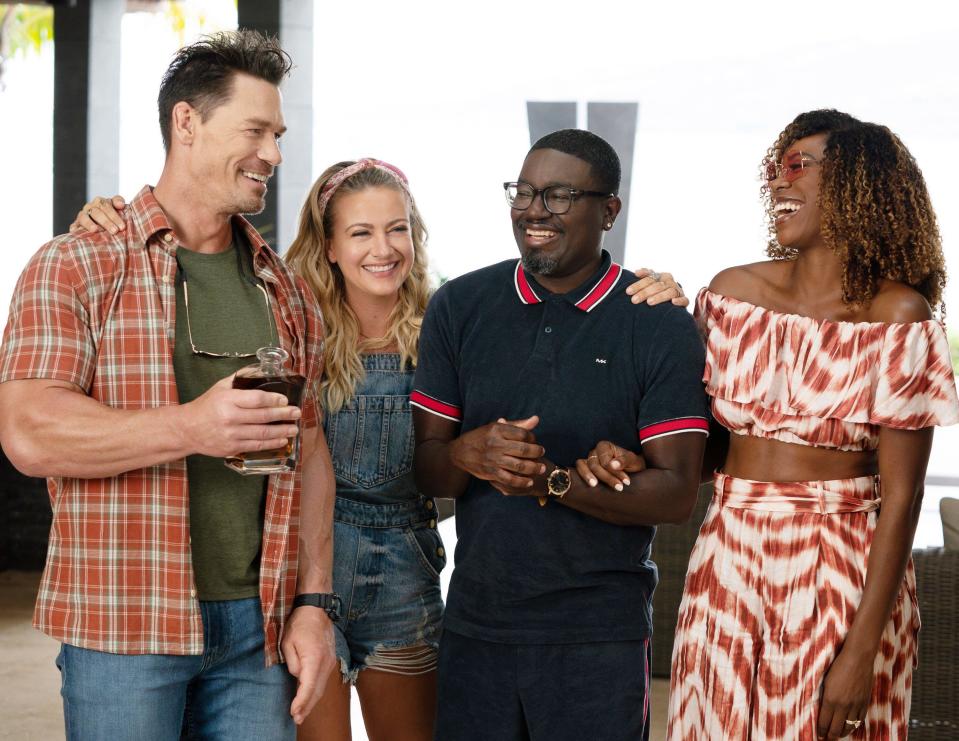 VACATION FRIENDS 2, from left: John Cena, Meredith Hagner, Lil Rel Howery, Yvonne Orji, 2023. ph: Katrina Marcinowski /© Hulu /Courtesy Everett Collection