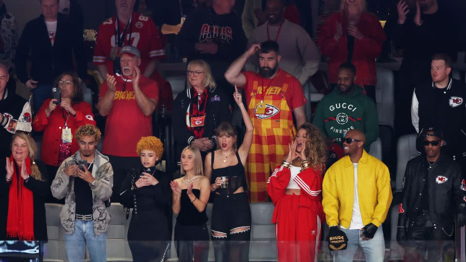 Rapper Ice Spice, Donna Kelce, NFL player Jason Kelce, singer Taylor Swift and actress Blake Lively watch the game from Allegiant Stadium. - Rob Carr/Getty Images