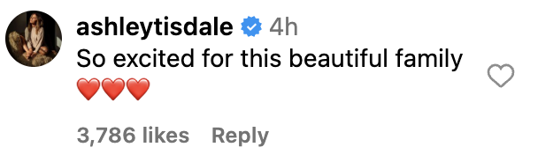 Ashley Tisdale comments "So excited for this beautiful family" with heart emojis, receiving 3,786 likes