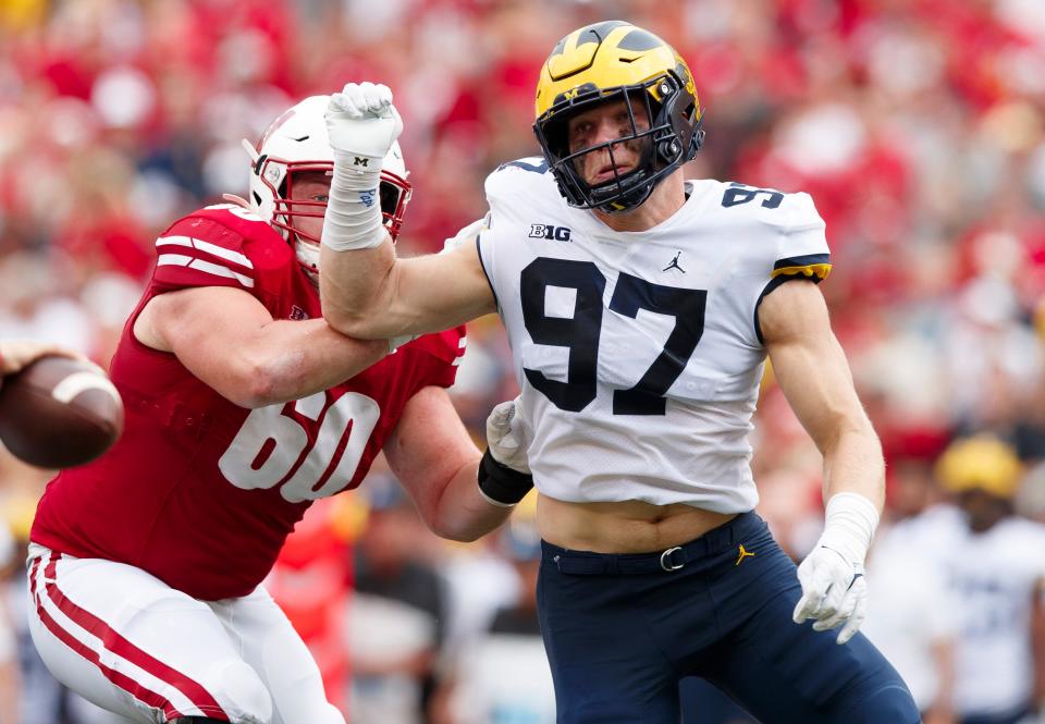 Michigan defensive end Aidan Hutchinson has 10 sacks this season and is projected as a possible first overall selection in next year's NFL Draft.