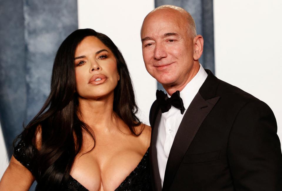 Jeff Bezos and Lauren Sánchez attend the Vanity Fair 95th Oscars Party at the The Wallis Annenberg Center for the Performing Arts in Beverly Hills, California on March 12, 2023.