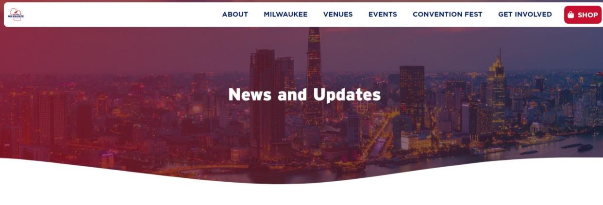 A screenshot of a Republican National Convention website section with a background photo of Ho Chi Minh City. It was quickly corrected to a photo of Milwaukee Tuesday morning.